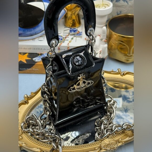🆕 VIVIENNE WESTWOOD 🧿 NWOT Black Patent Leather Kelly Small Top Handle - AUTH - Picture 9 of 16